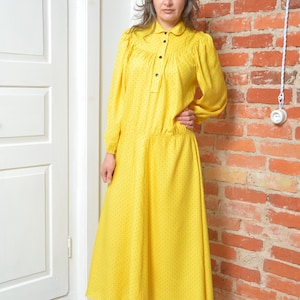 Vintage 80s Yellow Polka Dot Midi Dress - Size Large