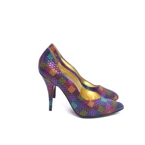 Escarpins vintage années 80 à talons aiguilles multicolores à pois – Taille 38