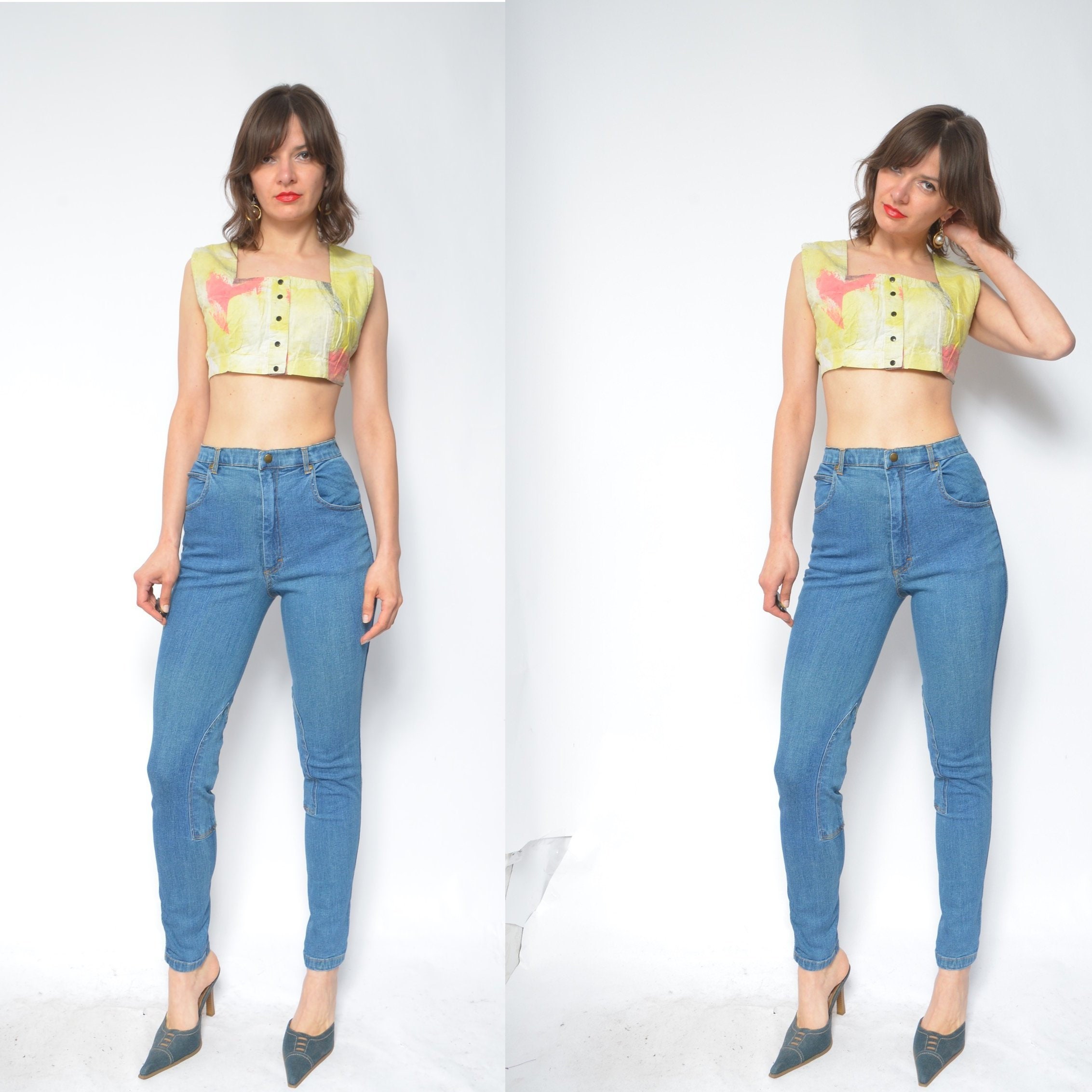 High Waisted Pants / Vintage 90's Tapered Leg Tight Blue