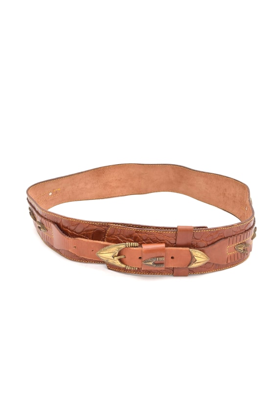 Vintage 90s Genuine Leather Southwestern Wide Statement Belt Brass Buckle Medium il_fullxfull.2079269514_qt33.jpg main image 4