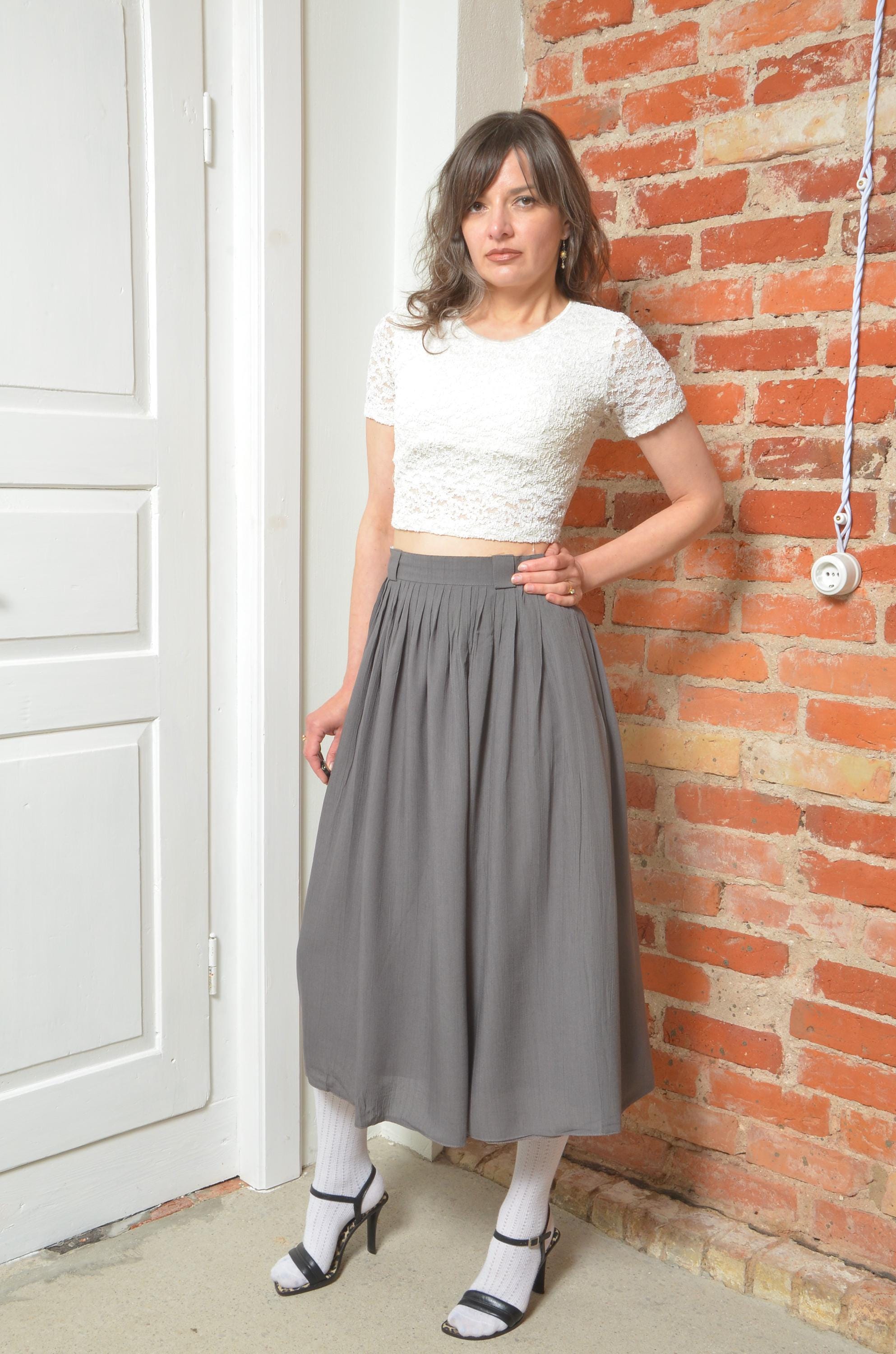 Vintage High Waist Pleated Midi Skirt – Solid Gray Flowy A