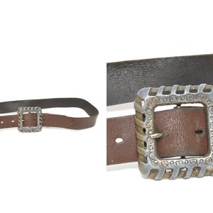 Vintage 90&#39;s Wide Brown Leather Belt with Large Decorative Metal Buckle