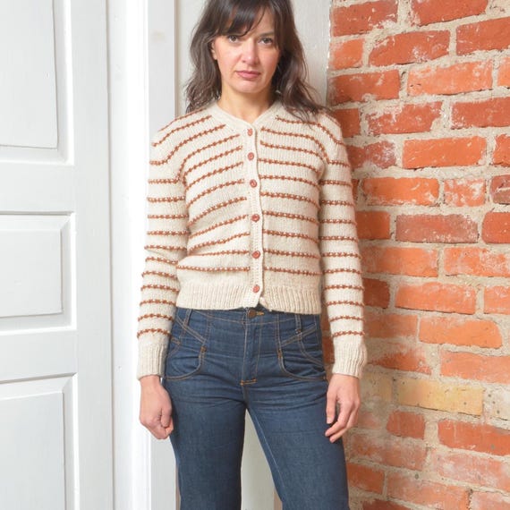Vintage 90s Cream Wool Cardigan Rust Stripe Cropped Knit Sweater XS Small