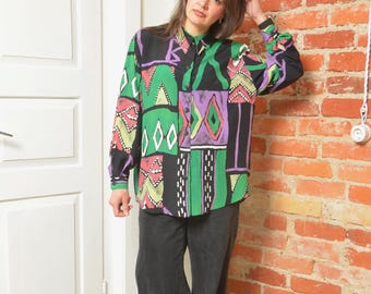 Vintage 80s Abstract Print Blouse M Graphic Shirt Bold Pattern Colorful Top
