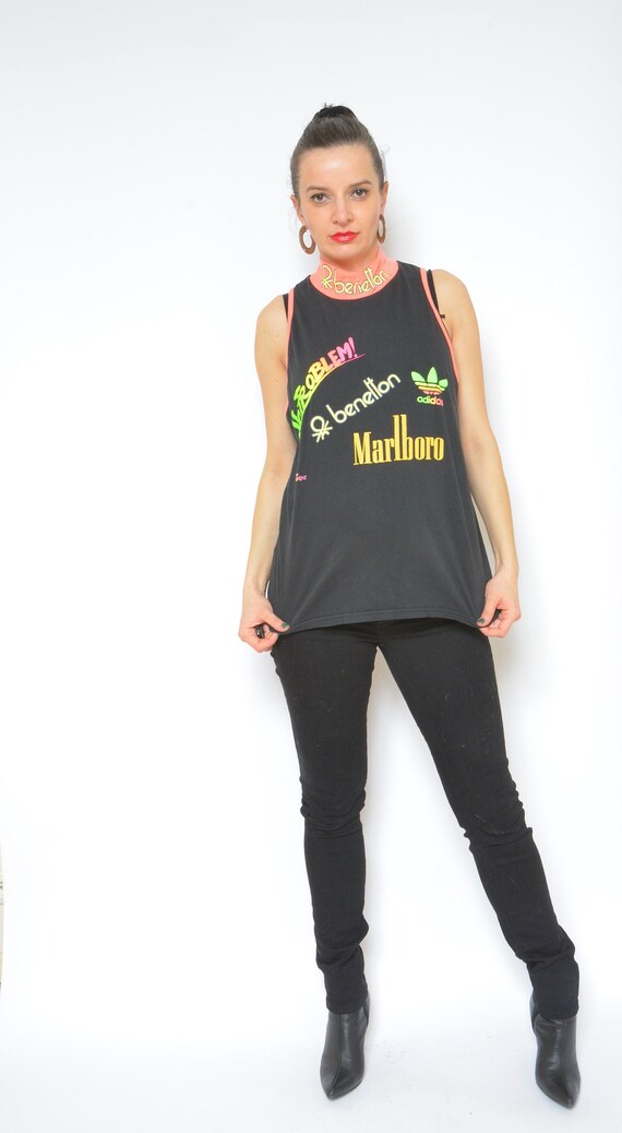 Many Logos Turtleneck Top / Vintage 90s Sleeveless