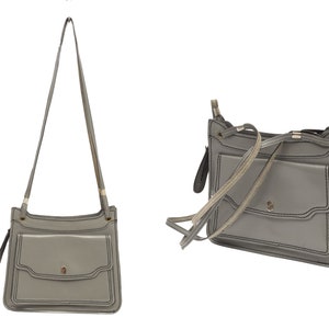 Mini bolso de hombro vintage de piel gris de los años 70, bolso pequeño de piel auténtica con dos compartimentos y bolsillo.