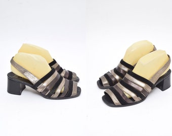 Vintage 90's Black, Gray, and Silver Leather Chunky Heel Slingback Sandals