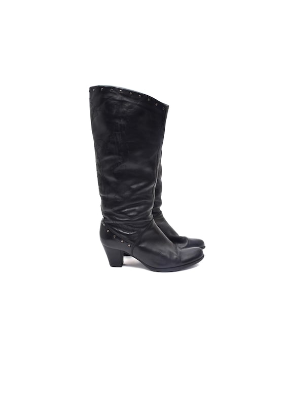 Vintage Black Leather Western Cowboy Boots Studded Knee High Size 39