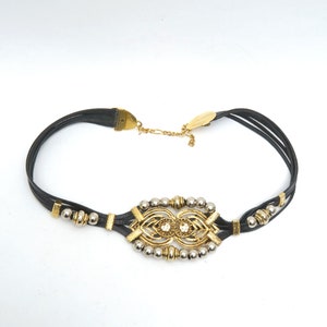 Vintage 90&#39;s Black Leather Belt with Gold Metal Buckle, Beads, and Rhinestones