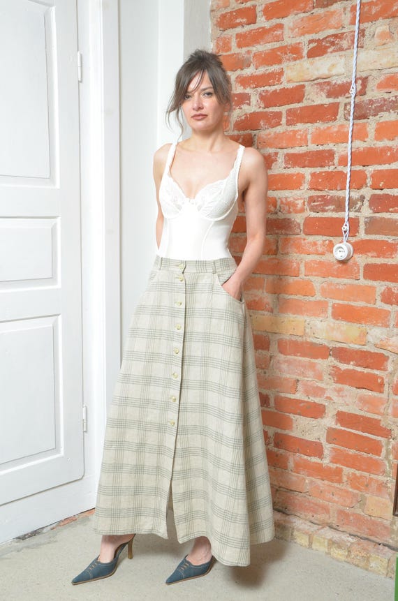 Vintage 90s Linen Plaid Summer Skirt – Natural Beige, Long with Slits –  Size XXL