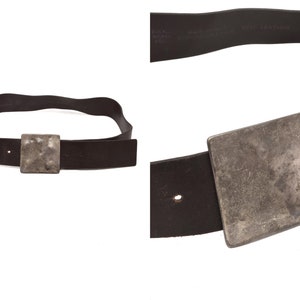 Vintage 90&#39;s Dark Brown Italian Leather Belt with Large Square Silver Metal Buckle