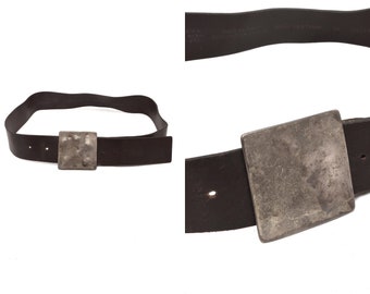 Vintage 90's Dark Brown Italian Leather Belt with Large Square Silver Metal Buckle