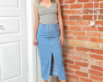 Waist Light Wash Button Front Jean Skirt Vintage High Waist Button