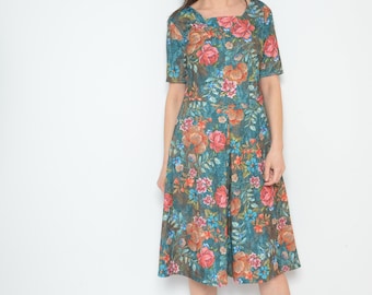 80s Floral Midi Dress / Vintage Collared Short Sleeve Colorful Midi Sundress - Size Large