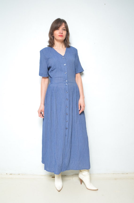 Denim Dress with Pockets Vintage 90s Grunge Button Down Maxi Length Sundress Size Small