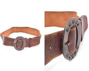 Vintage 90's Brown Leather Western Style Belt with Large Oval Brass Buckle