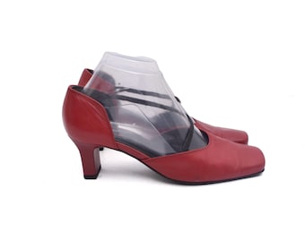 Tacones vintage de cuero rojo Högl: estilo Mary Jane con punta cuadrada, talla 4 del Reino Unido