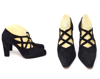 Vintage 90s Black Suede Leather Heels: Strappy Italian Shoes
