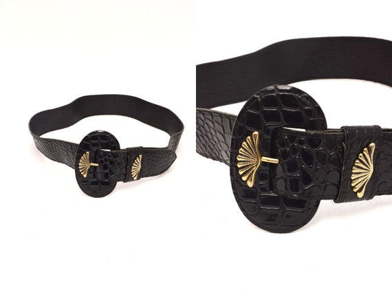 Vintage 80s Black Alligator Faux Leather Belt With Gold  display picture 1