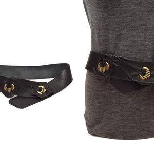 Vintage 80&#39;s Wide Black Leather Belt with Gold Ornaments Size Medium Large