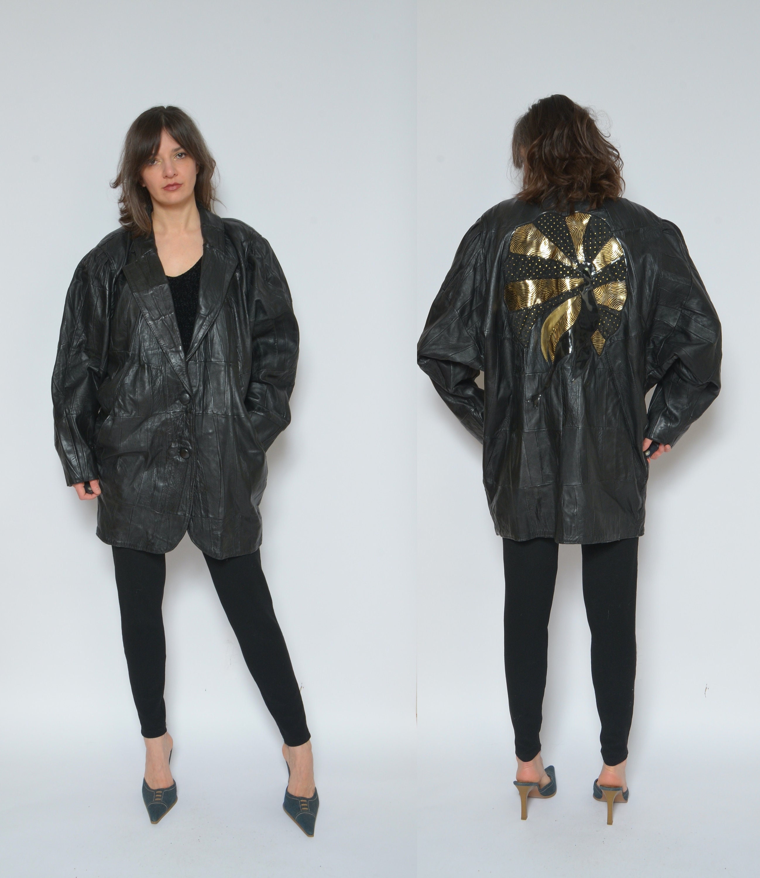 Leather Button Jacket / Vintage 80s 
