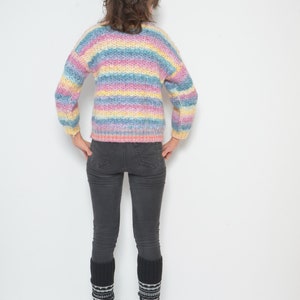 Pastel Rainbow Sweater / Vintage 90s Crochet Colorful Oversized Pullover Size Small image 6