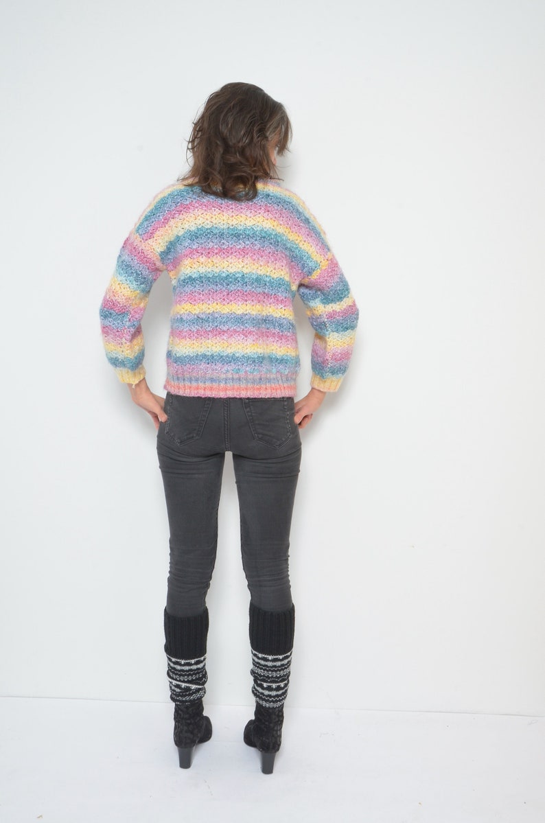 Pastel Rainbow Sweater / Vintage 90s Crochet Colorful Oversized Pullover Size Small image 6