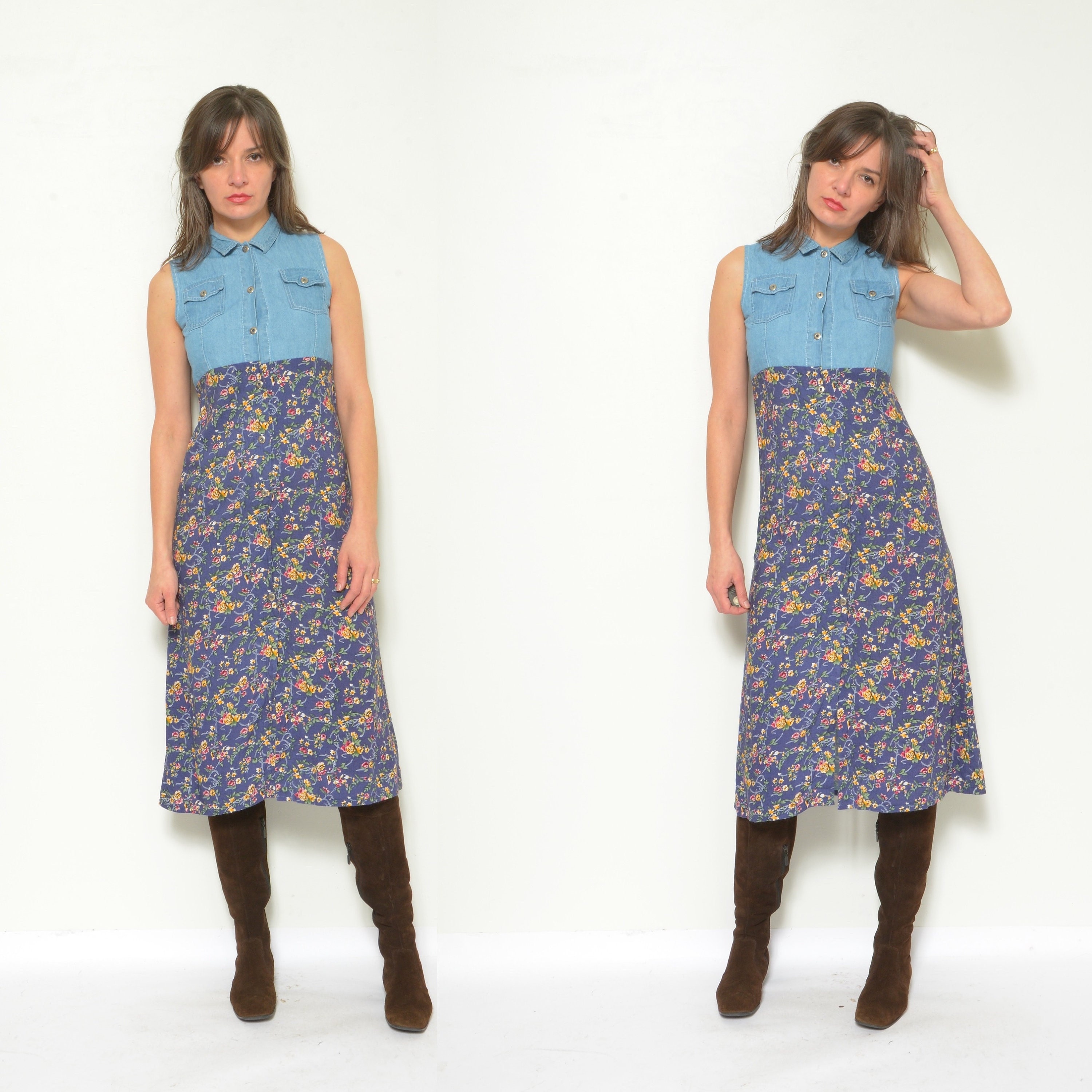 [ JEANS] Floral Button Belt Dress ★人気★ myzgx Women's Vintage Button Down Denim Shirt Dress 3/4