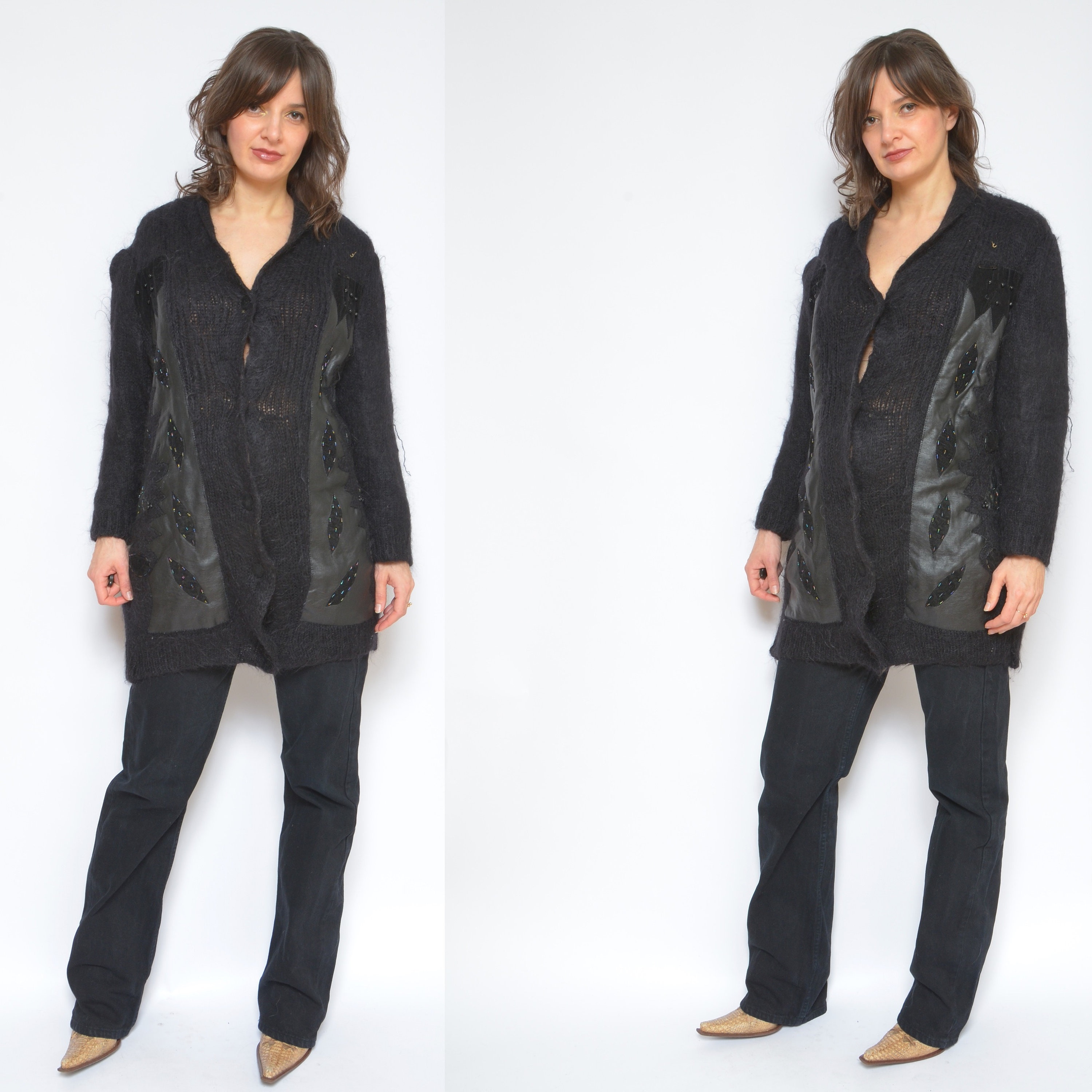 Vintage 80s Mohair Wool Cardigan: Oversized Black Sweater With