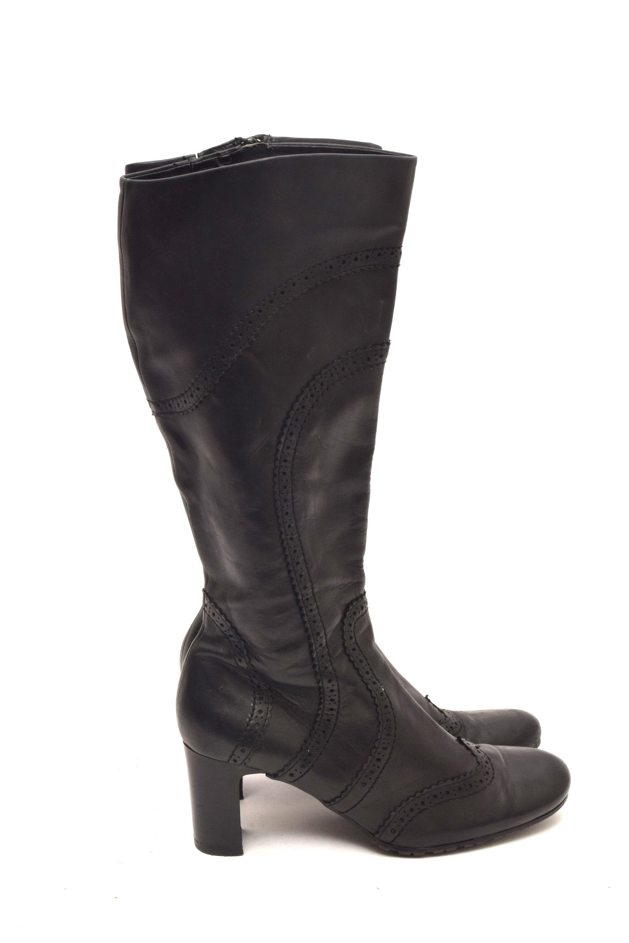 Vintage 90s Pebbled Real Leather Tall Boots / Genuine Leather Chunky Heel Rounded Toe Shoes - Size 37 eu