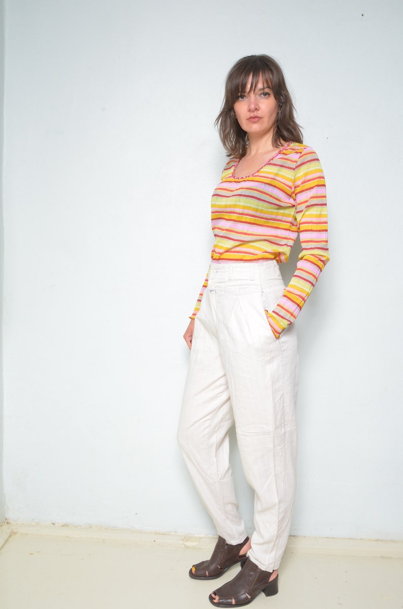 Size Medium Colorful Mesh Top Vintage 90s Long Sleeve Striped Multi Color See Through Blouse