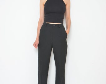 Vintage 90s Black Wide Slacks M, 90s Minimal Straight Leg Trousers