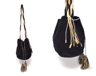 Vintage 90's Woven Black Hippie Folk Bucket Shoulder Bag with Wide Strap and Pom Poms