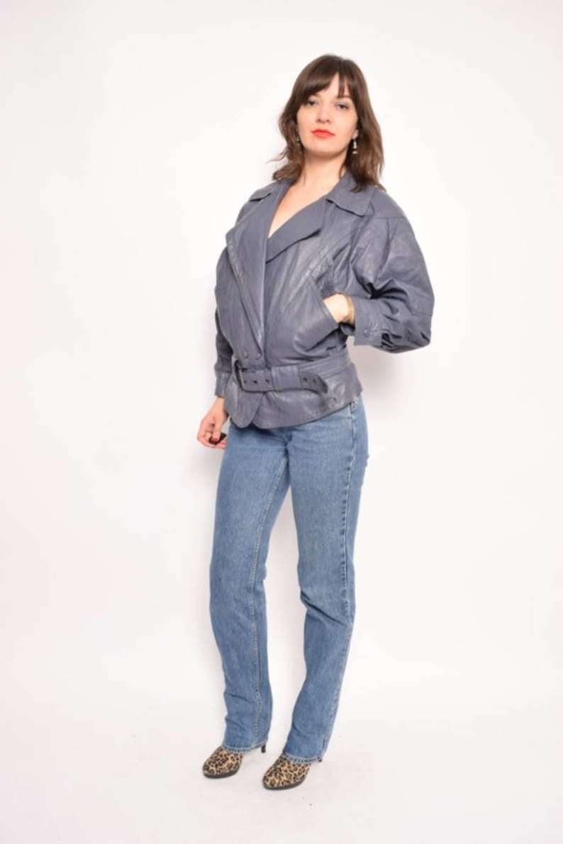 Vintage 80/'s Grey Genuine Leather Batwing Jacket Blue Grey Real Leather Jacket Belted Leather Pocket Jacket Size Small