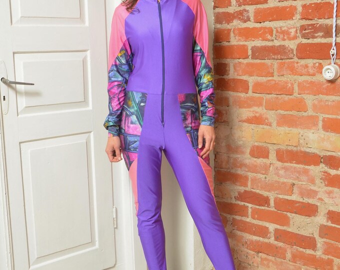 Vintage 80s Colorblock Stirrup Jumpsuit Purple Pink Graphic Print One ...