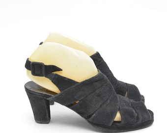 Vintage 90's Black Suede Strappy Slingback Sandals Heels