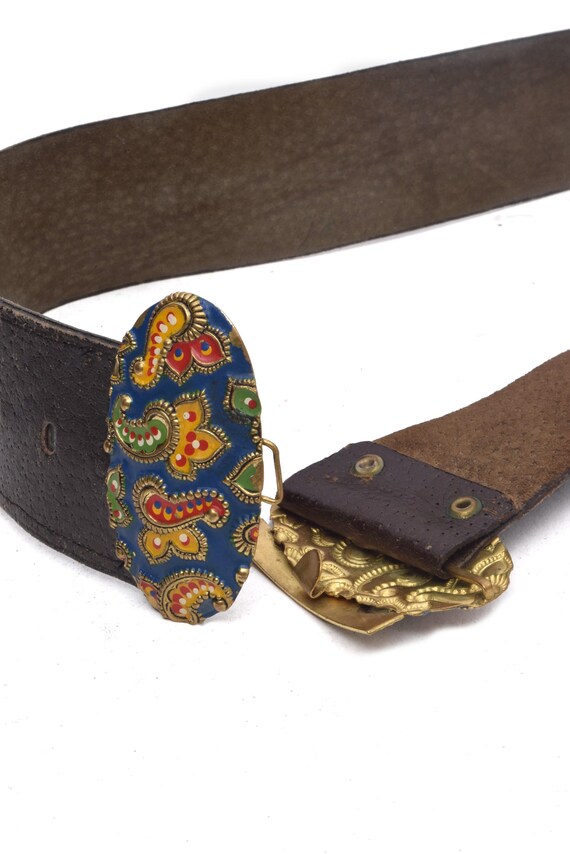【BROWN】Paisley hook belt Vintage 90's Wide Brown Leather Belt With Large Colorful Paisley