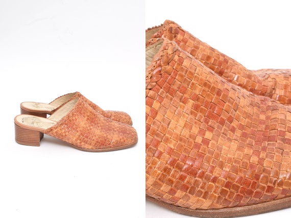 Vintage 90's Woven Brown Leather Chunky Heel Clogs
