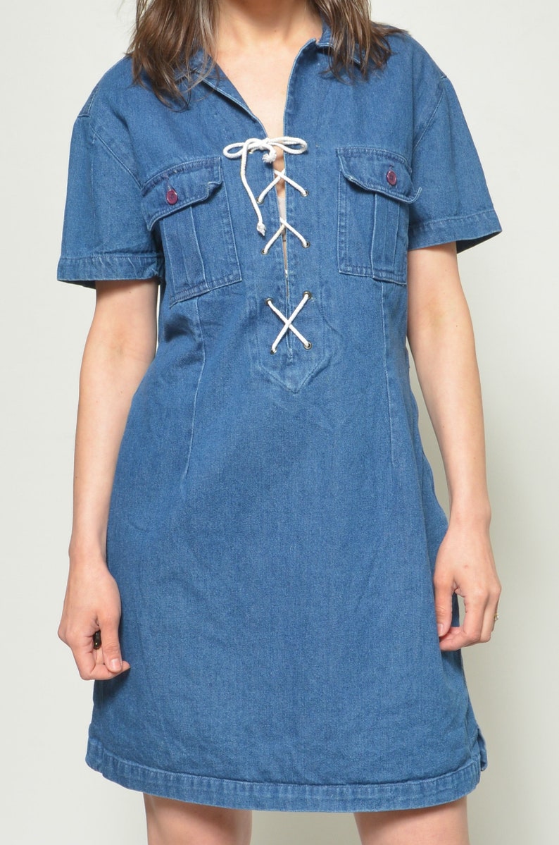 Vintage 90's Lace Up Denim Dress / Short Sleeve Jean Mini Dress Size XL image 8