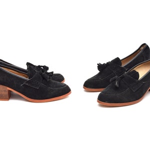 Vintage 90s Black Suede High Heel Loafers with Tassels - Size 9.5 US