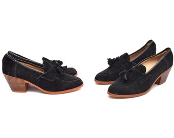 Vintage 90s Black Suede High Heel Loafers with Tassels - Size 9.5 US
