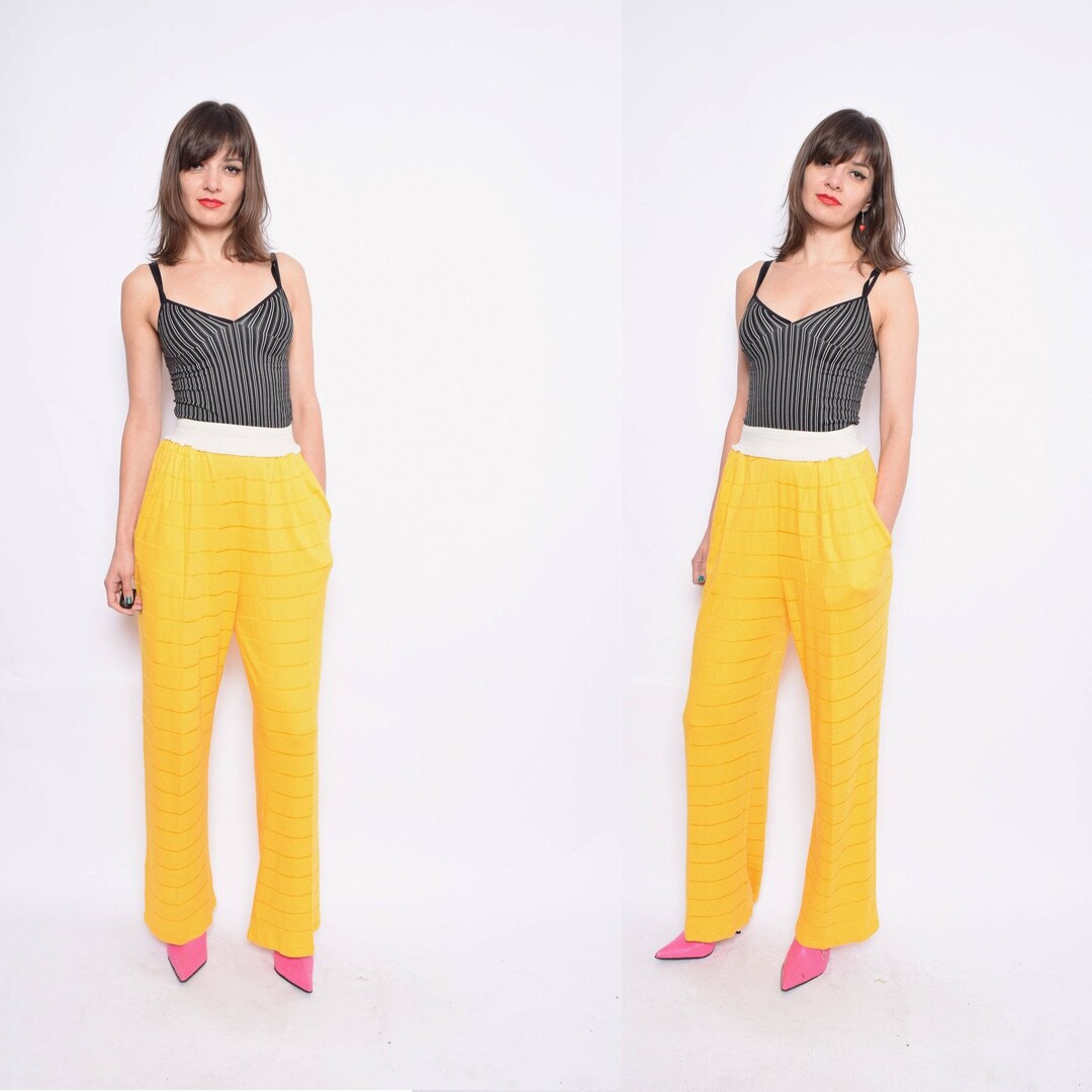 Vintage 80's High Waisted Yellow Pants / Lemon Yellow Wide Leg Palazzo