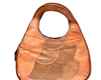 Vintage 70's Brown Real Leather Patchwork Double Handle  Handbag 07 20
