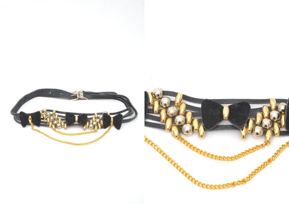 Vintage Black Leather Belt with Gold and Beige Accent Beads Belt- 1.75 main image 3