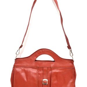 Vintage 70s Brick Red Leather Shoulder Bag Handbag Purse with Two Front Pockets