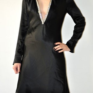 Satin Deep V-Neck Dress / Vintage 90's Black Evening Cocktail Long Sleeve Dress image 3