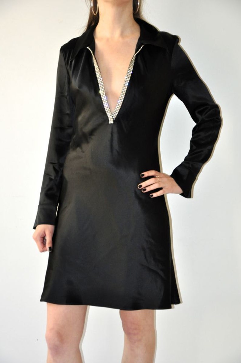 Satin Deep V-Neck Dress / Vintage 90's Black Evening Cocktail Long Sleeve Dress image 3