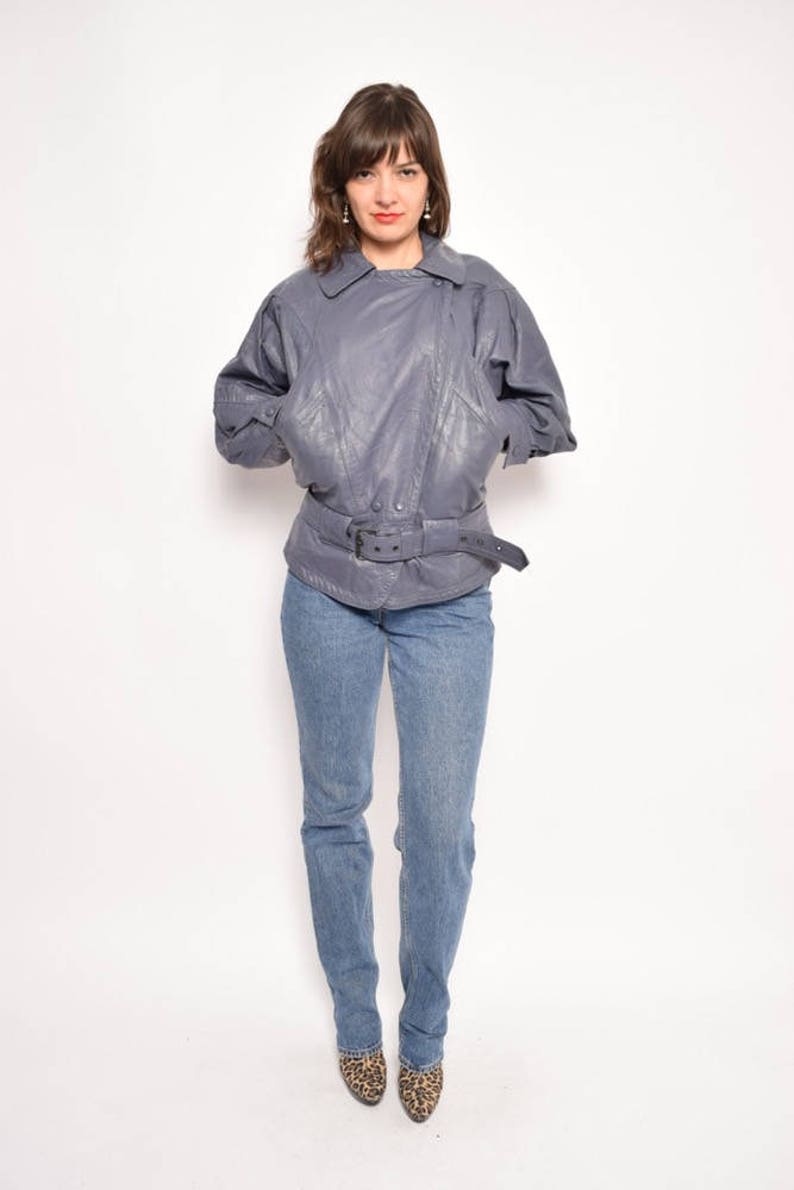 Vintage 80/'s Grey Genuine Leather Batwing Jacket Blue Grey Real Leather Jacket Belted Leather Pocket Jacket Size Small