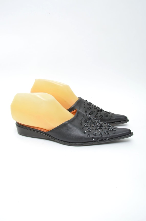 Vintage 90's Black Leather Pointy Toe Slip On San… - image 3