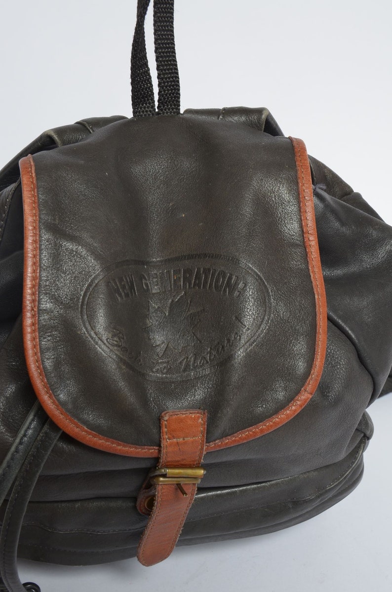 Large Vintage 90/'s Real Leather Black Backpack